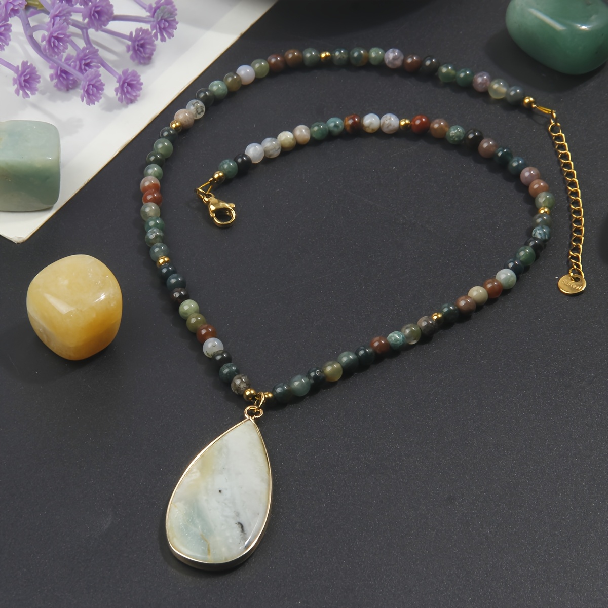Retro Amazonite Teardrop Pendant Agate Necklace, Gift for Mom